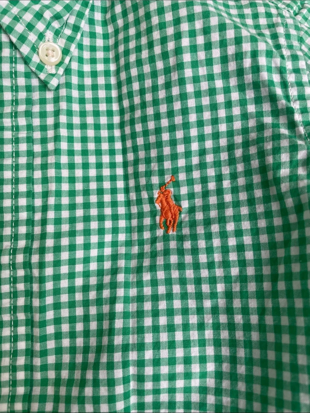 Ralph Lauren Green Gingham Button-Down Shirt with Orange Logo